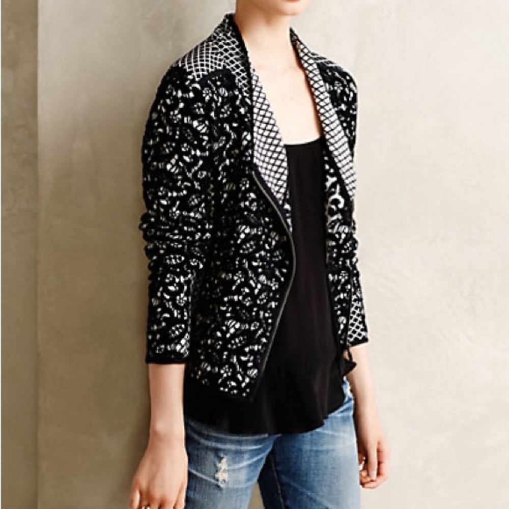 Anthropologie Black and White Knit Moto Jacket with Textured Pattern